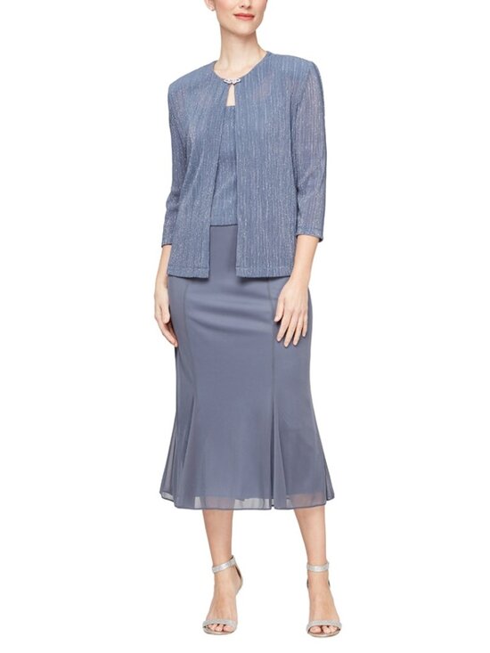 NWT Alex Evenings Steel Tea Length Shimmer Jacket Dress - Picture 1 of 5